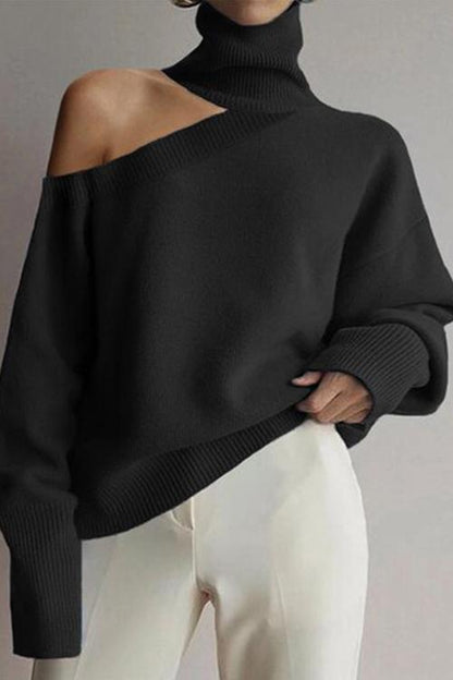 Turtleneck Cold Shoulder Solid Loose Sweater Black