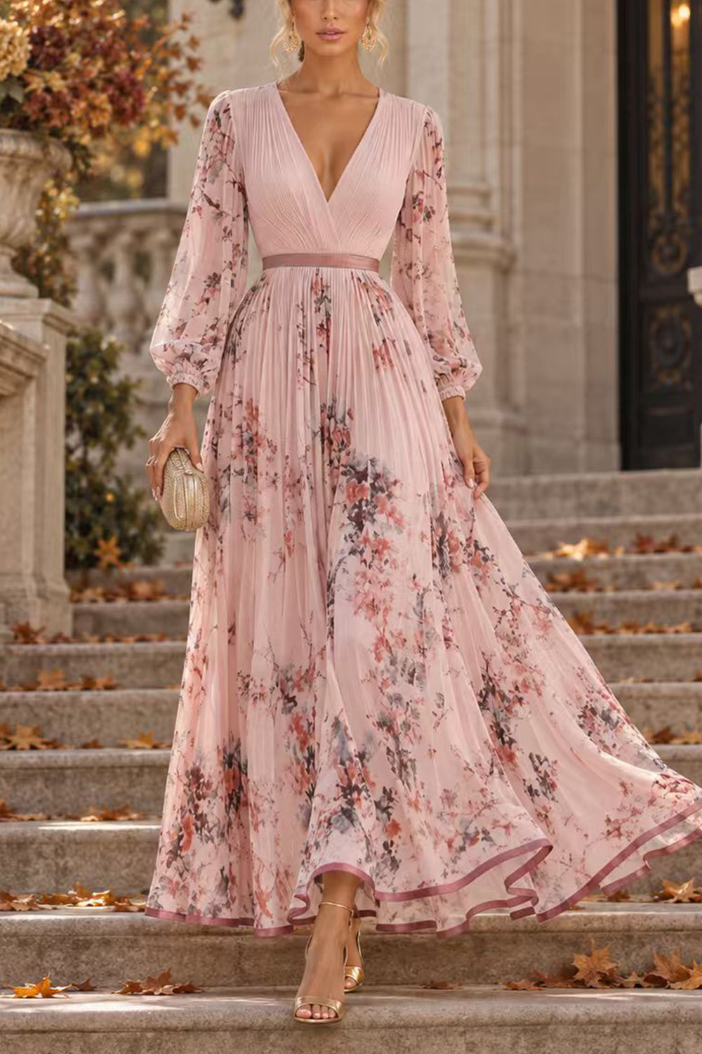 V Neck Lantern Long Sleeves Floral Print Pleated Maxi Dress (C)