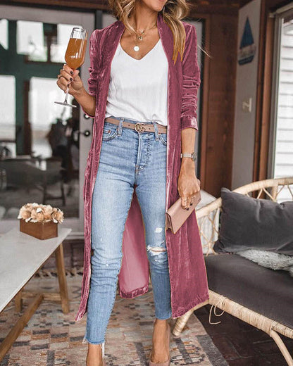 Clidress Loose Elastic Velvet Long Cardigan Jacekt Coat