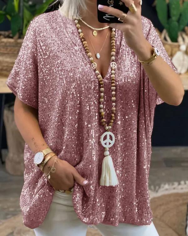 Clidress Graceful V Neck Sequin Loose Top