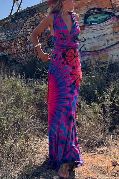 V Neck Criss Cross Backless Tie Dye Maxi A-line Dress DarkBlue
