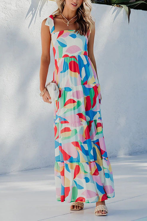 Bow Shoulder Ruffle Tiered Printed Flowy Maxi Cami Dress