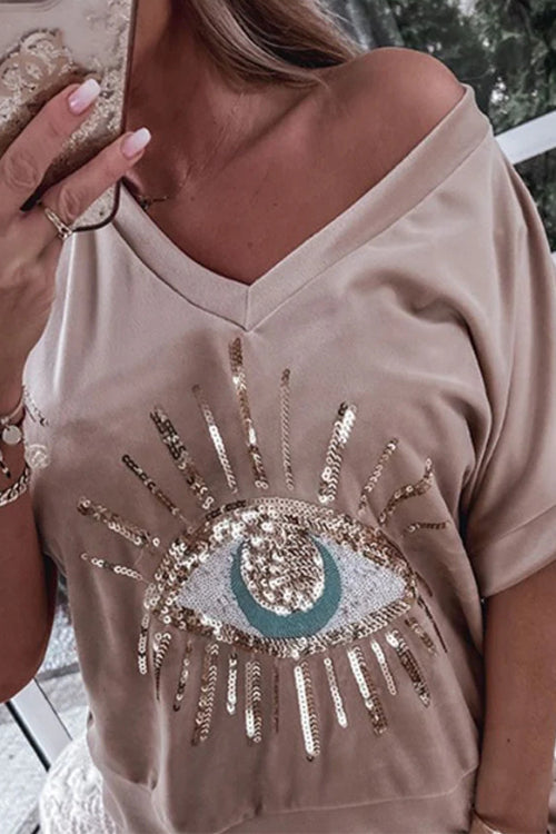 Sequin Pattern V Neck Short Sleeve Top with Pocketed Pants Casual Set