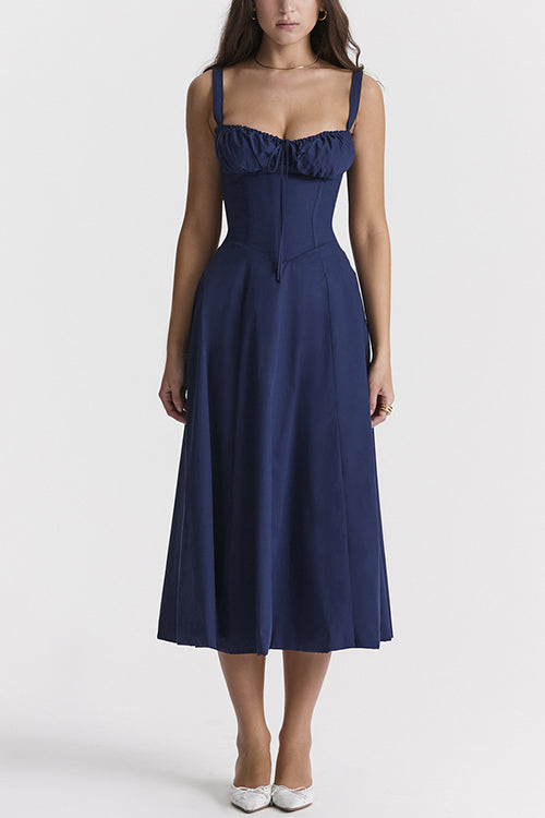 Adjustable Strap High Waist Slit Swing Midi Dress DarkBlue