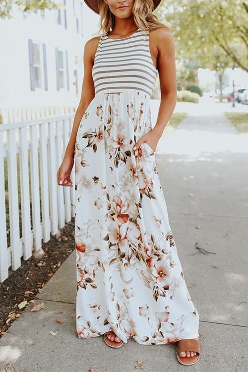 Stripes Splice Floral Printed Maxi Dress Floral