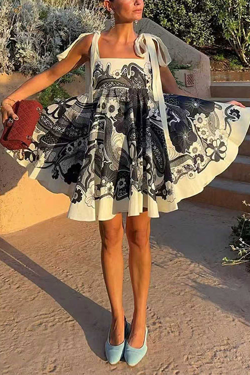 Bow Shoulder Sleeveless High Waist Floral Print Mini Dress