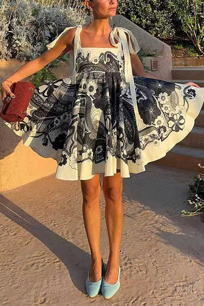 Bow Shoulder Sleeveless High Waist Floral Print Mini Dress