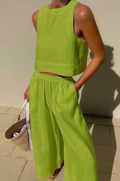 Solid Crewneck Crop Tank Top Elastic Waist Wide Leg Pants Set Green