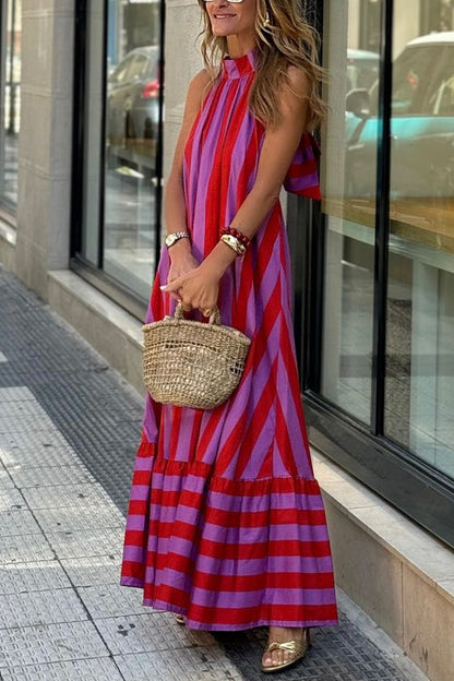 Halter Neck Open Back Striped Ruffle Maxi Vacation Dress Striped