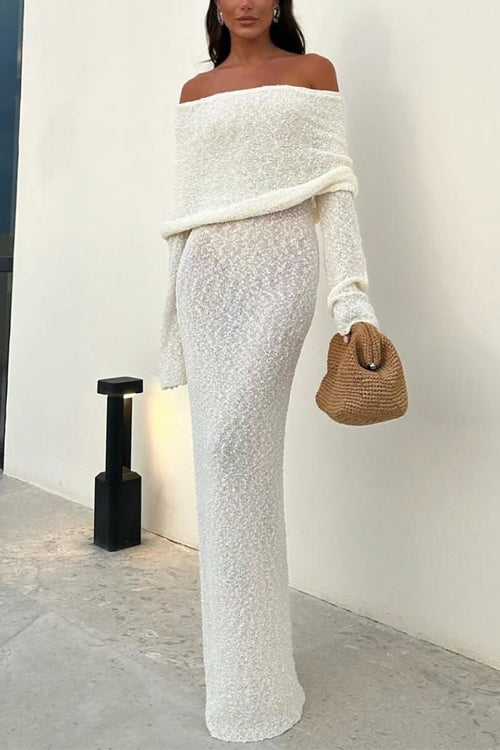 Off Shoulder Long Sleeves Bodycon Knit Maxi Dress