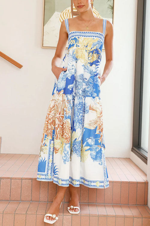 Pocketed Side Slit Printed Maxi Cami Dress