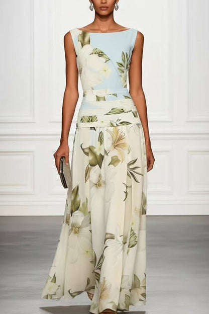 Boat Neck Sleeveless Floral Print A-line Maxi Dress