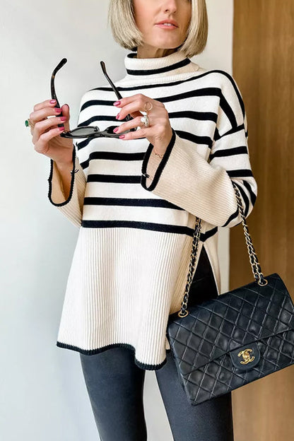 Turtleneck Side Split Striped Sweater Beige