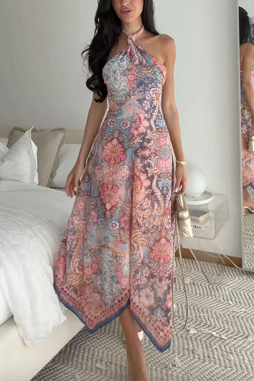 Halter Neck Open Back Floral Print Maxi Dress