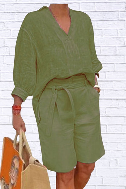 Plus Size Johnny Collar Top & Shorts Set for Women | 3/4 Sleeve Casual Matching Outfit | Comfortable Loungewear & Summer Set