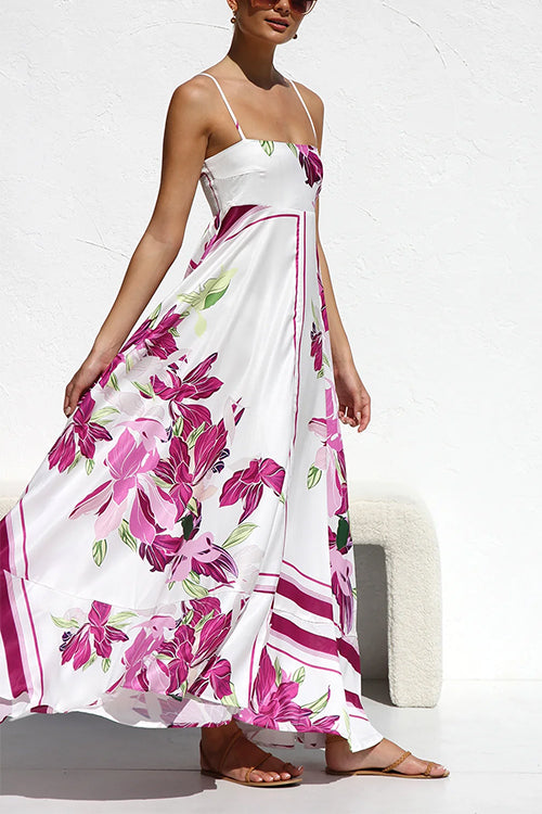 Spaghetti Strap High Waist Floral Print Swing Maxi Vacation Dress