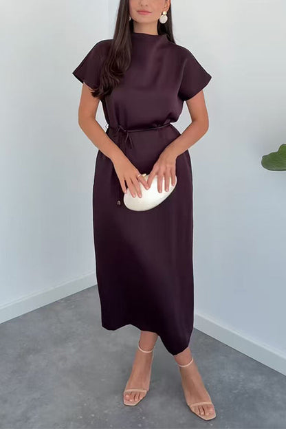 Mockneck Cap Sleeves Satin Midi Dress