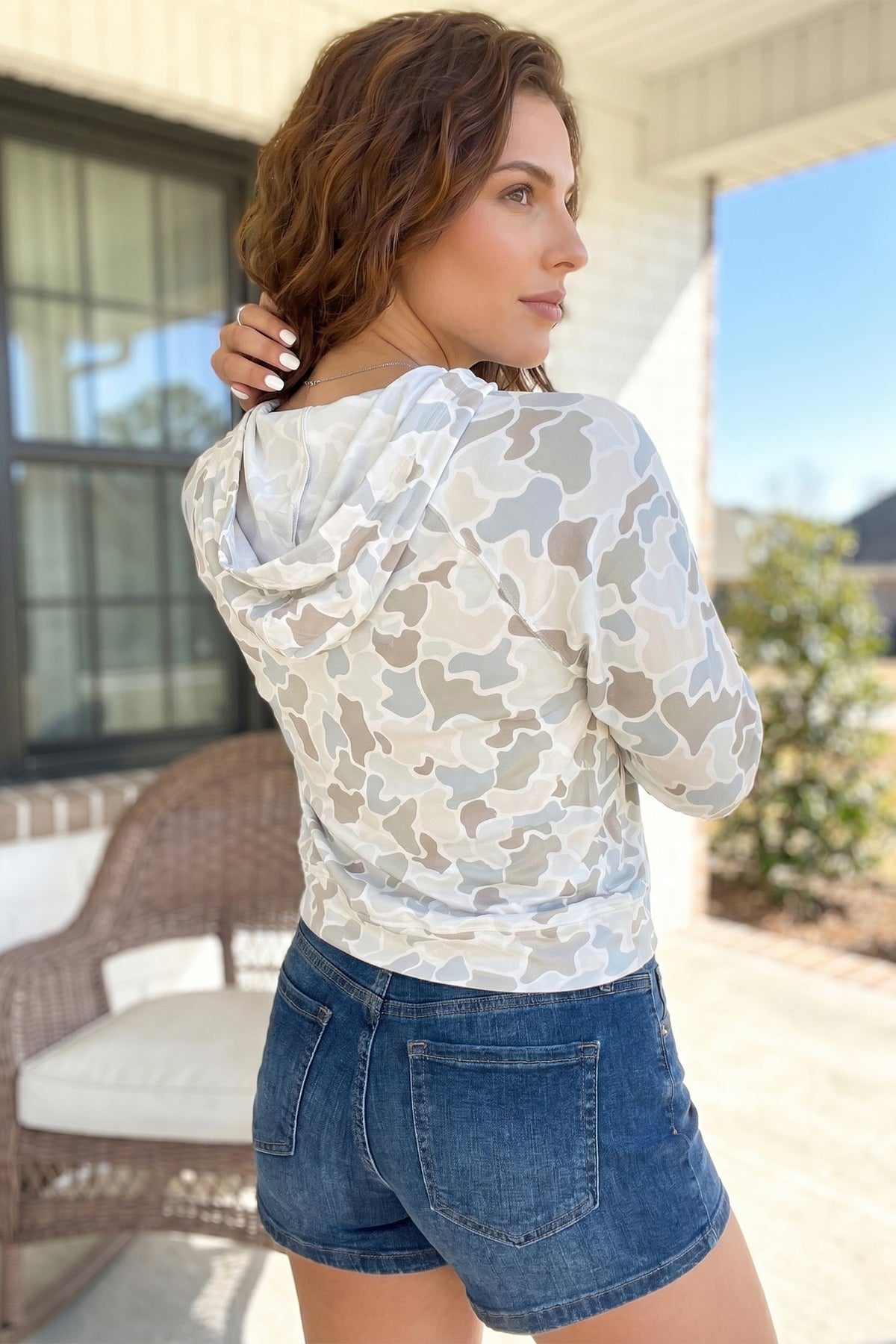 Beige Camouflage Print Long Sleeve Hooded Pullover Casual Top