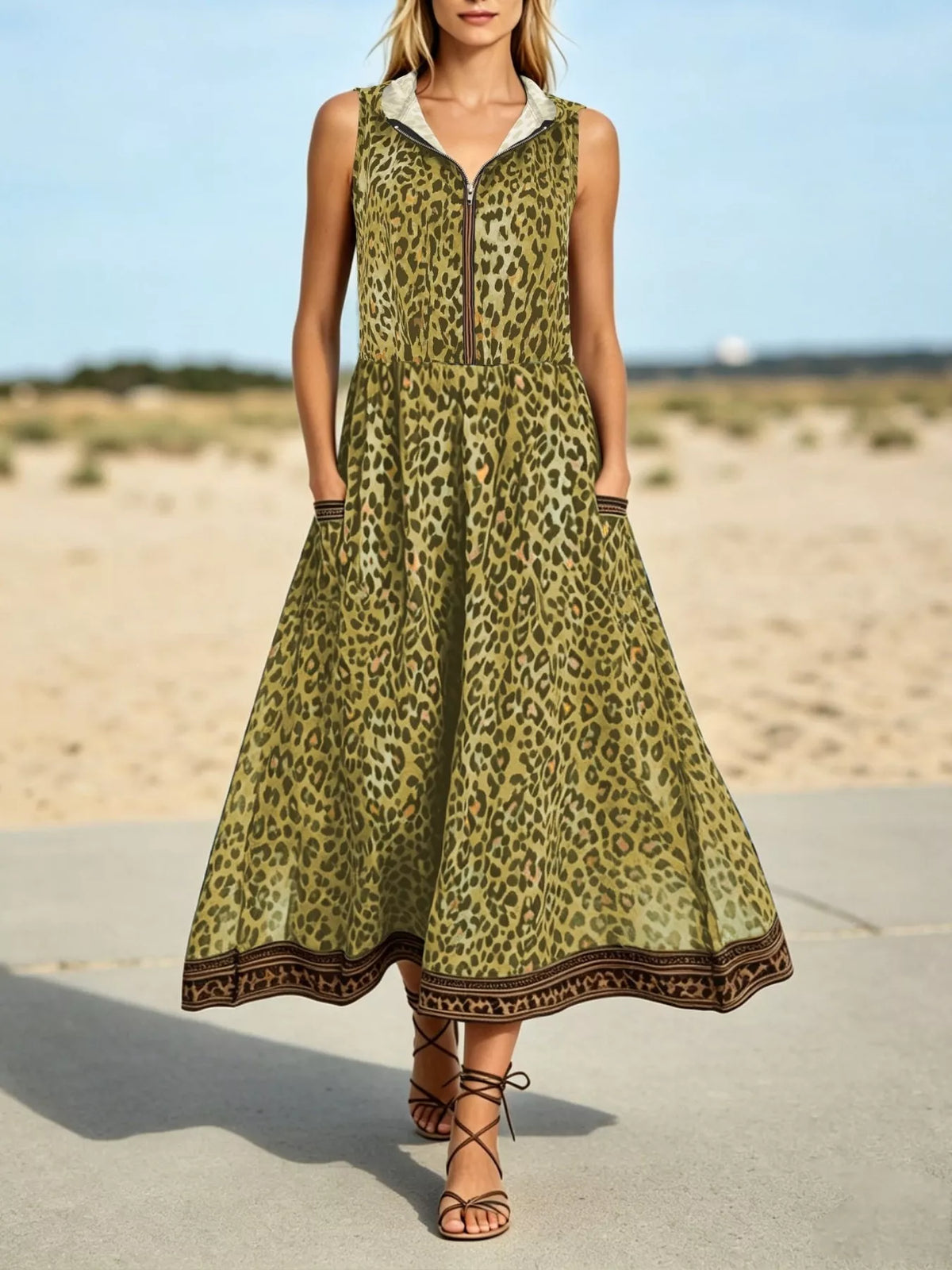 Leopard Zip Front Hooded Dress