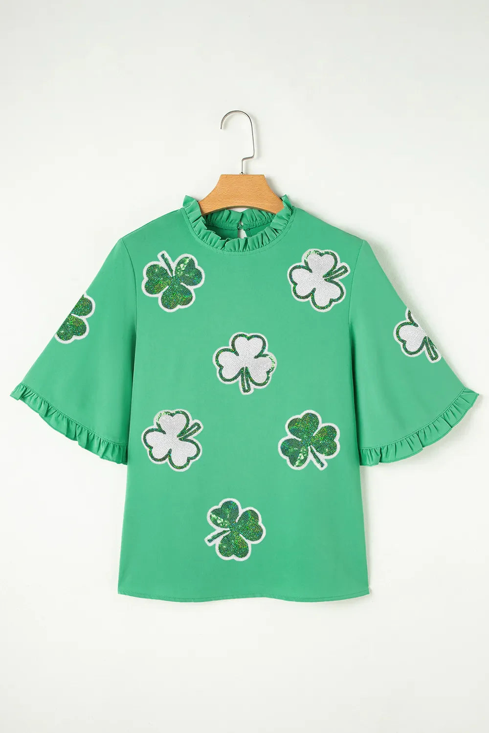 Sequin Clover Graphic Ruffled Trim Bell Sleeve St Patrick Blouse