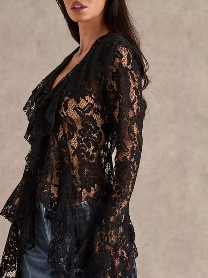 Lace Ruffle Trim High-Low Blouse