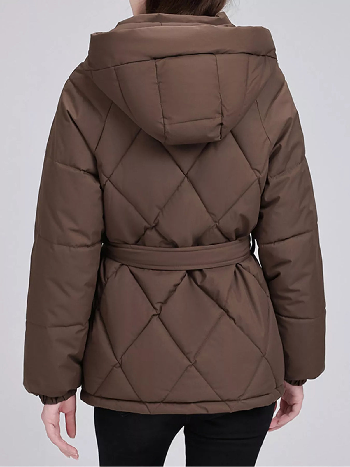 Quilted Waist Belt Hooded Puffer Outerwear