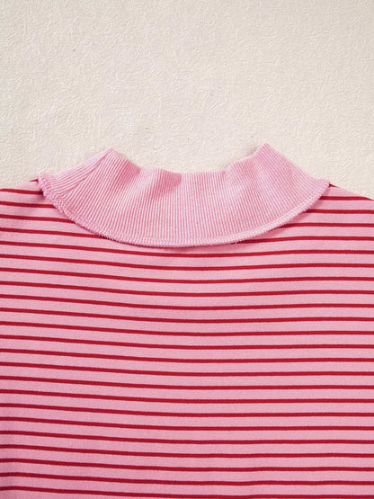 Stripe Ribbed Color Block Mock Neck Oversized Sweatshirt