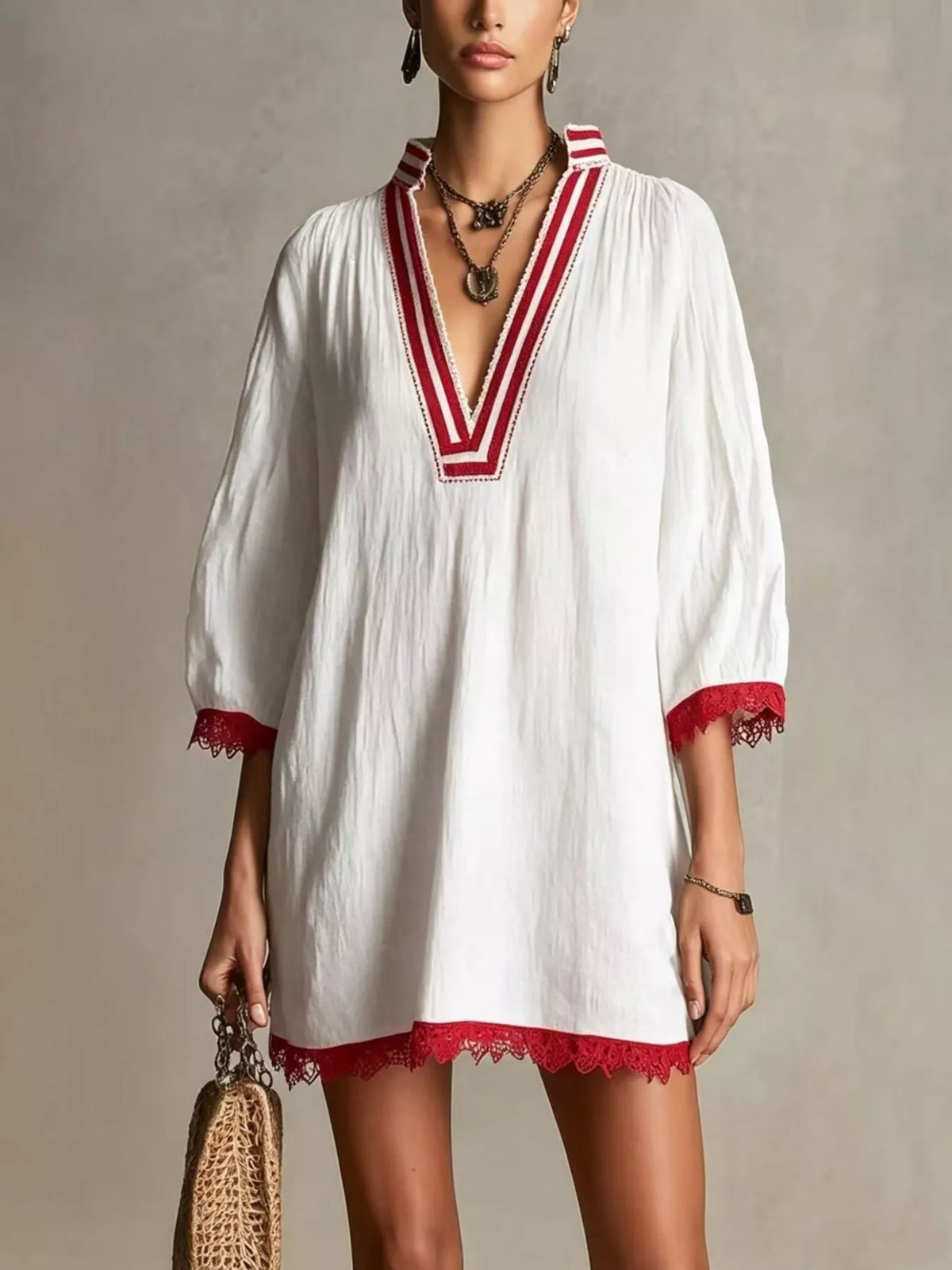 Lace Trim Notched Mini Dress