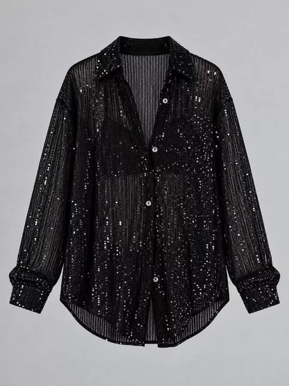 Full Size Sequin Button Up Long Sleeve Shirt Plus Size