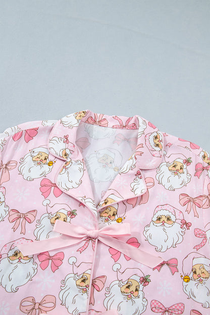 Pink Santa Print Paneling Shift Silhouette Short Sleeve Lounge Set