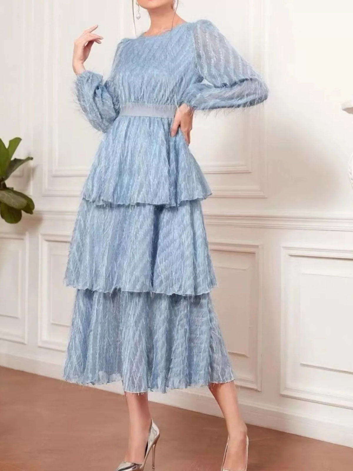 Full Size Layered Balloon Sleeve Midi Dress Plus Size