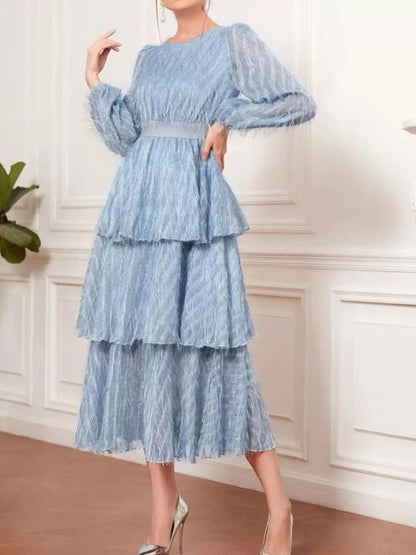 Full Size Layered Balloon Sleeve Midi Dress Plus Size