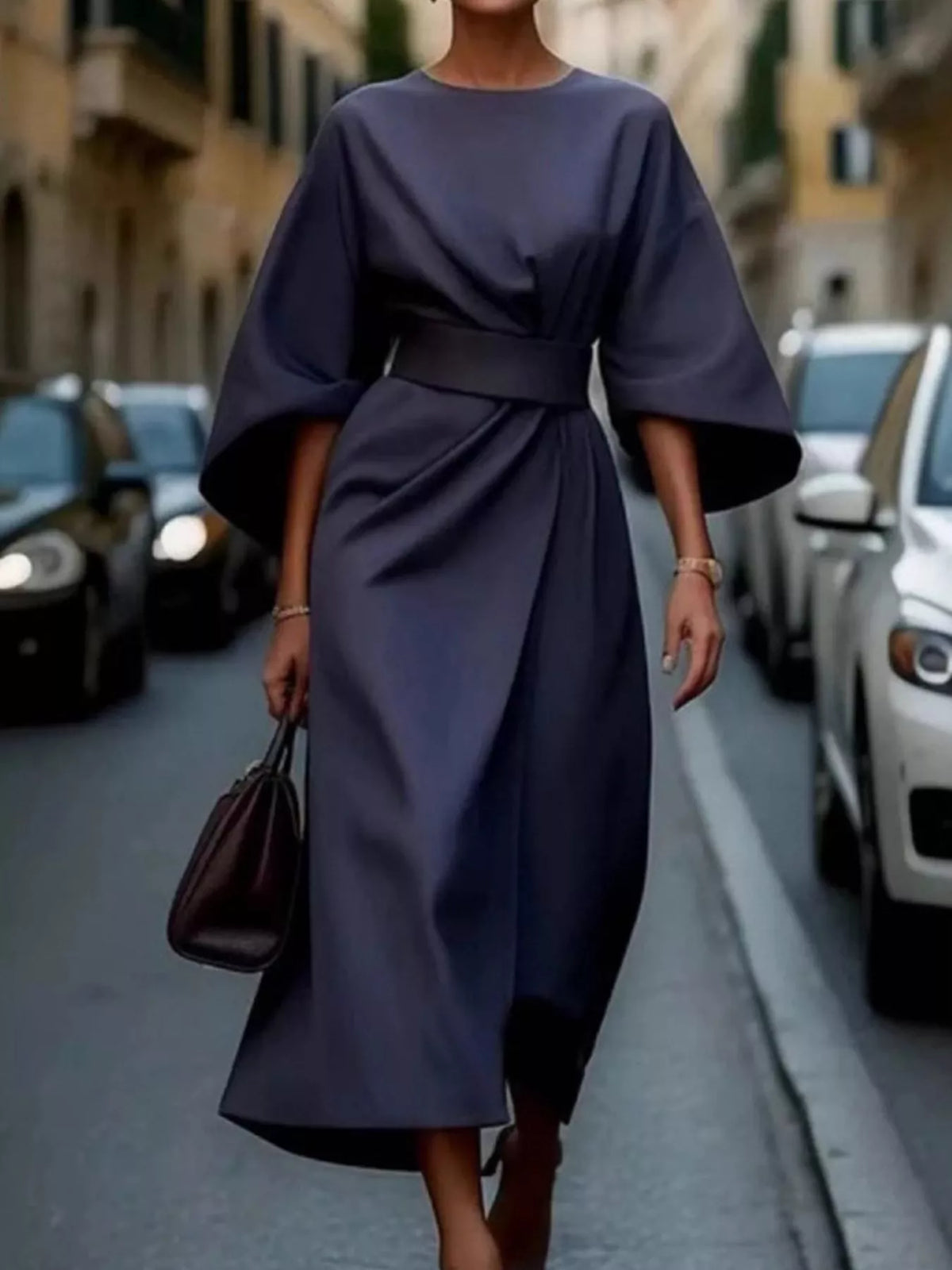 Full Sleeve Kimono Sleeves Round Neck Midi Dress Plus Size