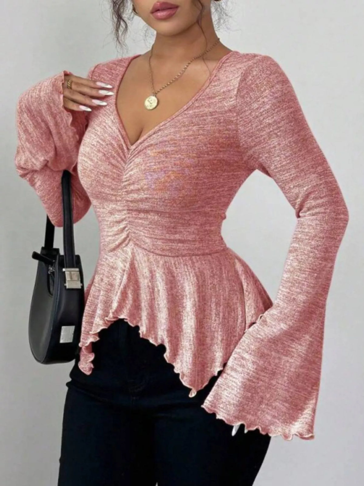 Ruched Flared Sleeves Peplum T-Shirt