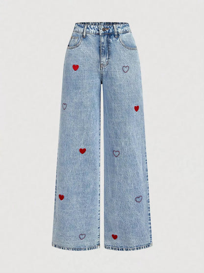 Embroidered Heart Wide-Leg Jeans