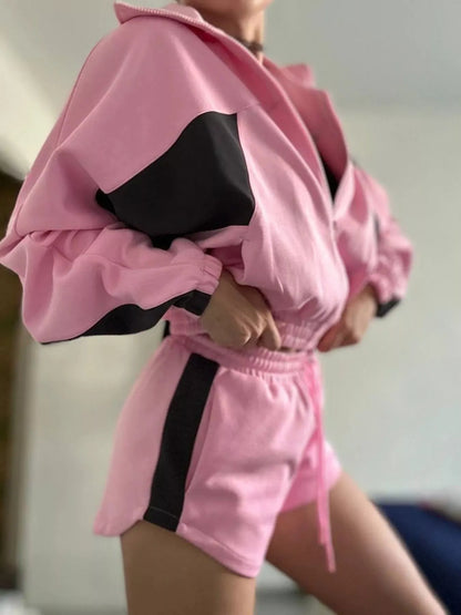 Zip Up Long Sleeve Outerwear and Shorts Set