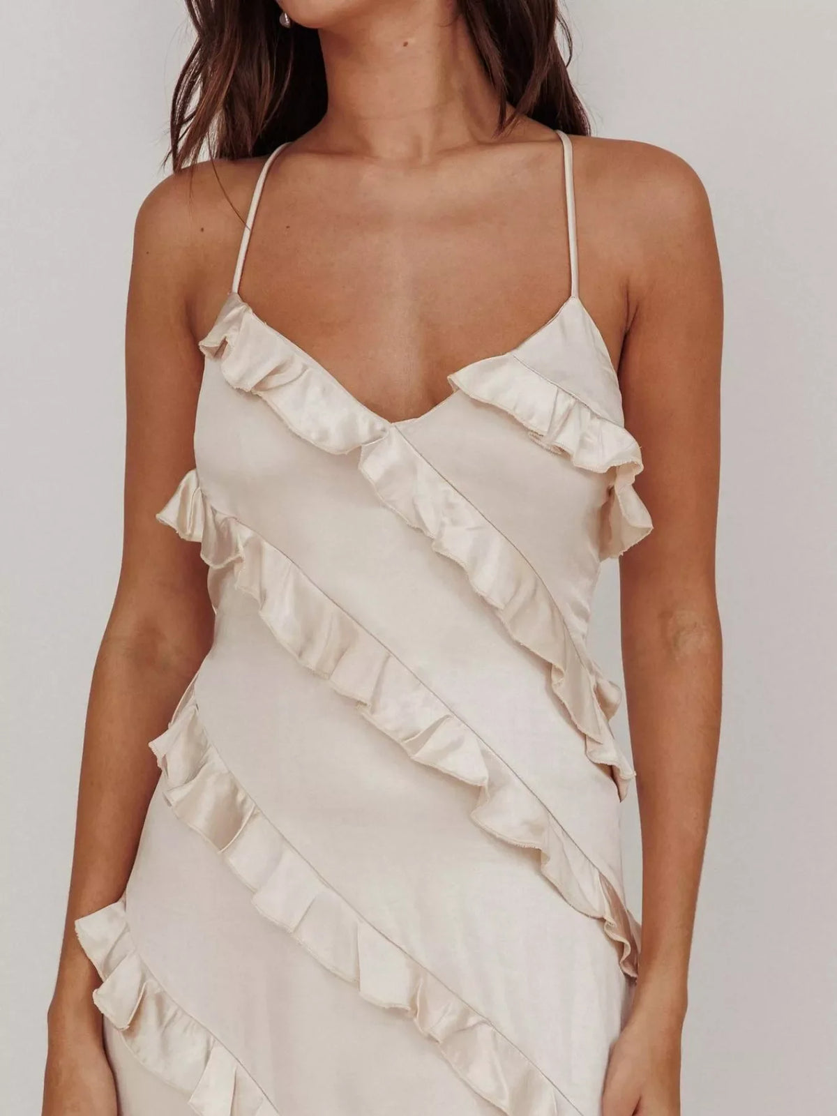 Spaghetti Strap Ruffled Maxi Dress for Women | Flowy Summer Dress with Zipper | Elegant Vacation & Evening Dress