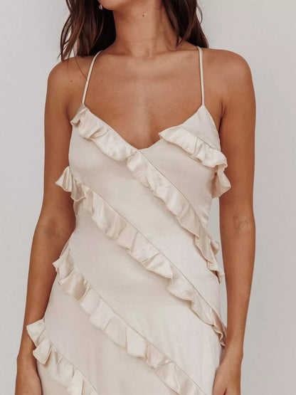 Spaghetti Strap Ruffled Maxi Dress for Women | Flowy Summer Dress with Zipper | Elegant Vacation & Evening Dress