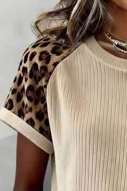 Ribbed Color Block Leopard Contrast Sleeve Loose Tee