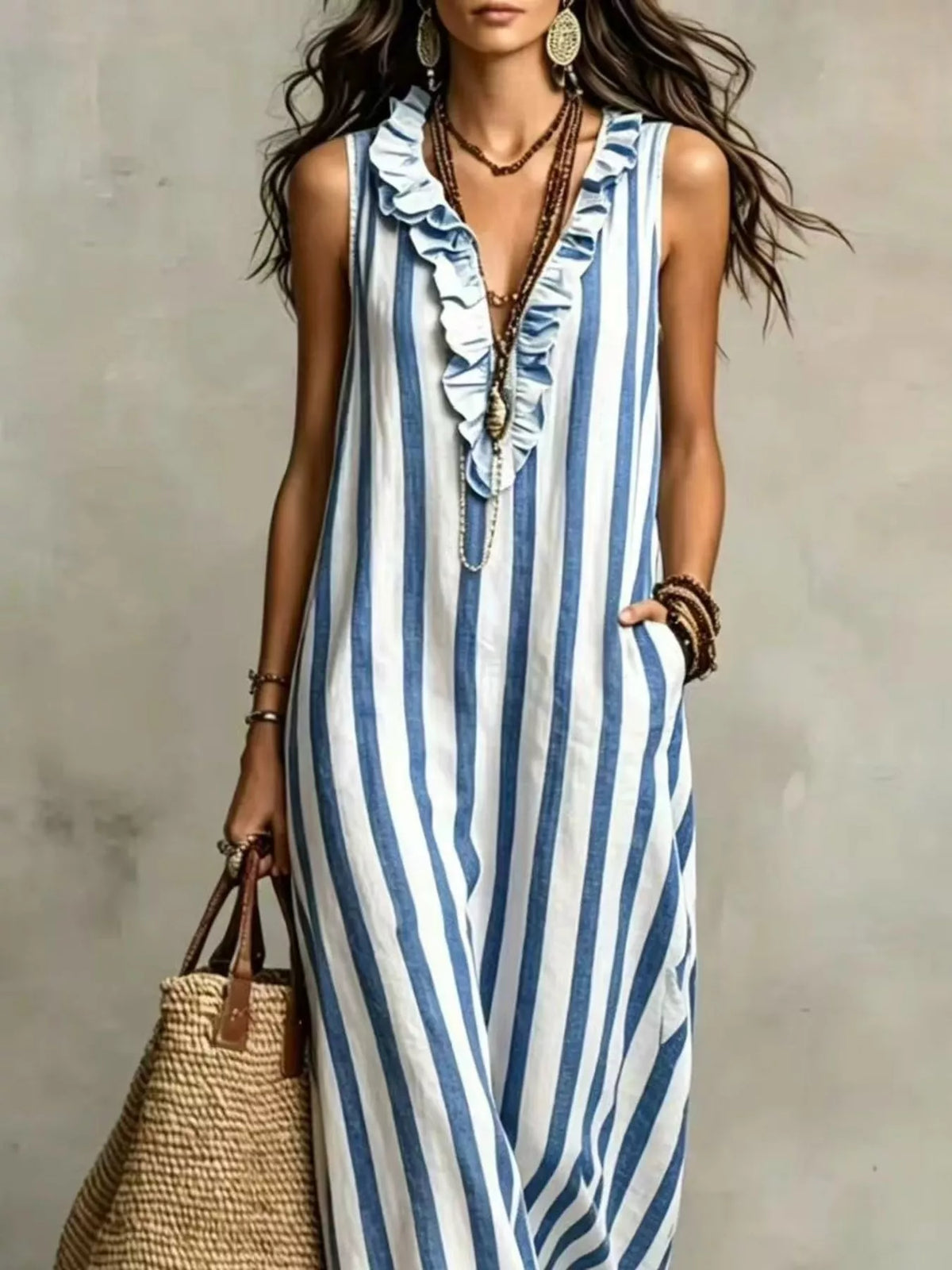 Plus Size Sleeveless Striped Ruffle Maxi Dress