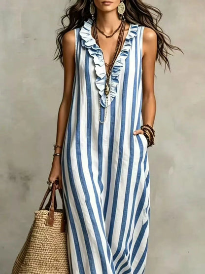Plus Size Sleeveless Striped Ruffle Maxi Dress