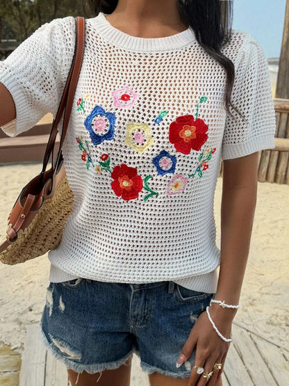 Floral Embroidered Crochet Knit Top