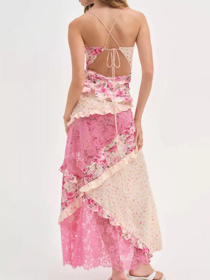 Lace Detail Ruffled Floral V-Neck Maxi Dress
