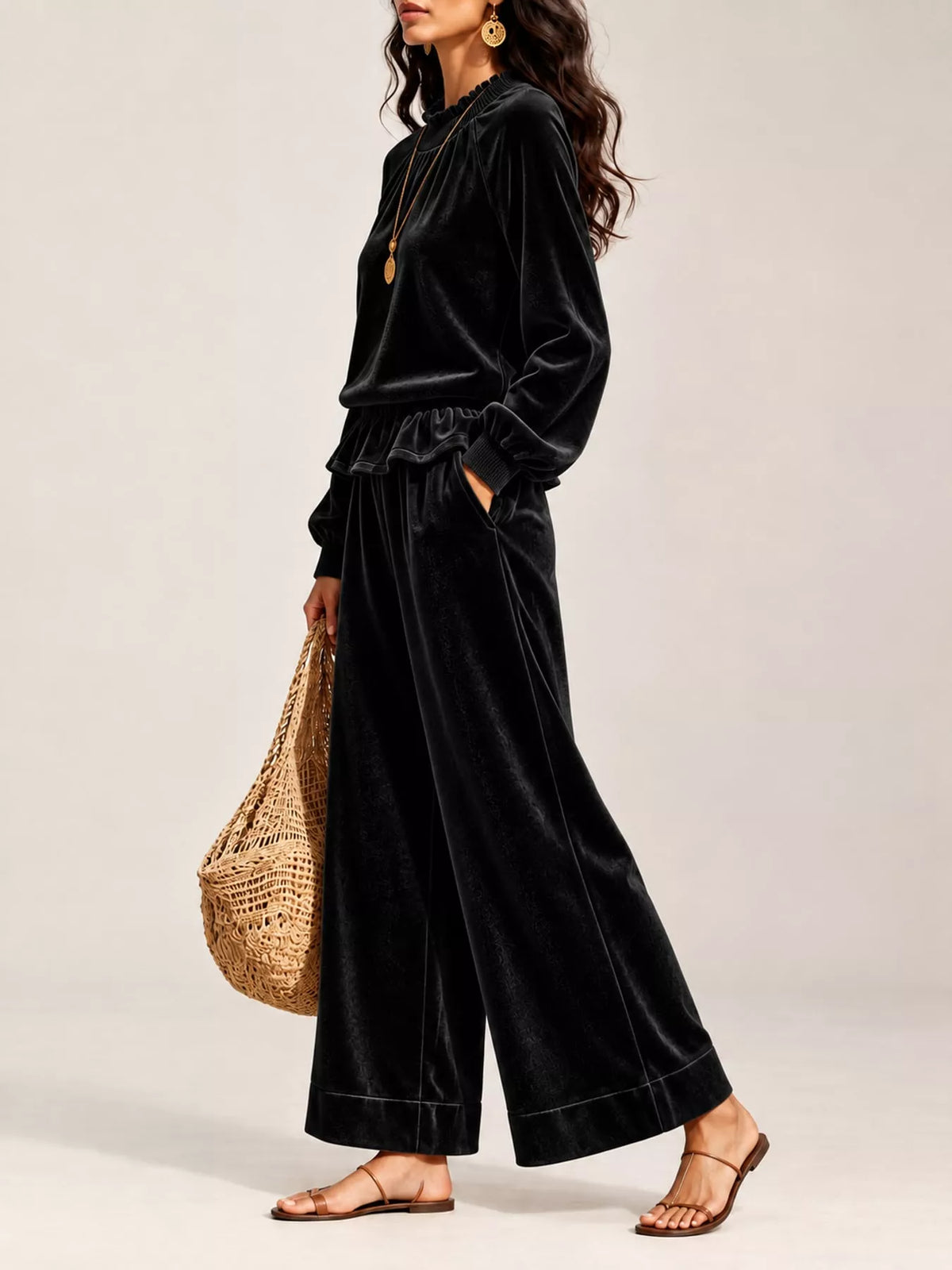 Velvet Ruffled Hem Top and Wide-Leg Pants Set