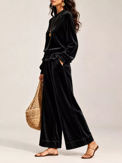 Velvet Ruffled Hem Top and Wide-Leg Pants Set
