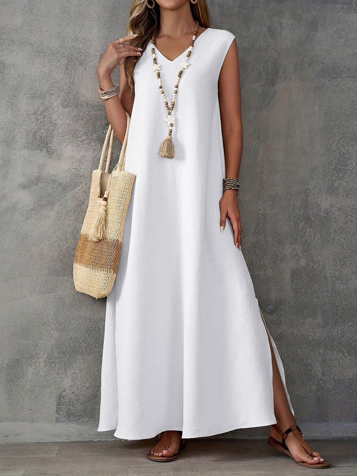 Women's V-Neck Sleeveless Solid Color Casual Loose Elegant Dress