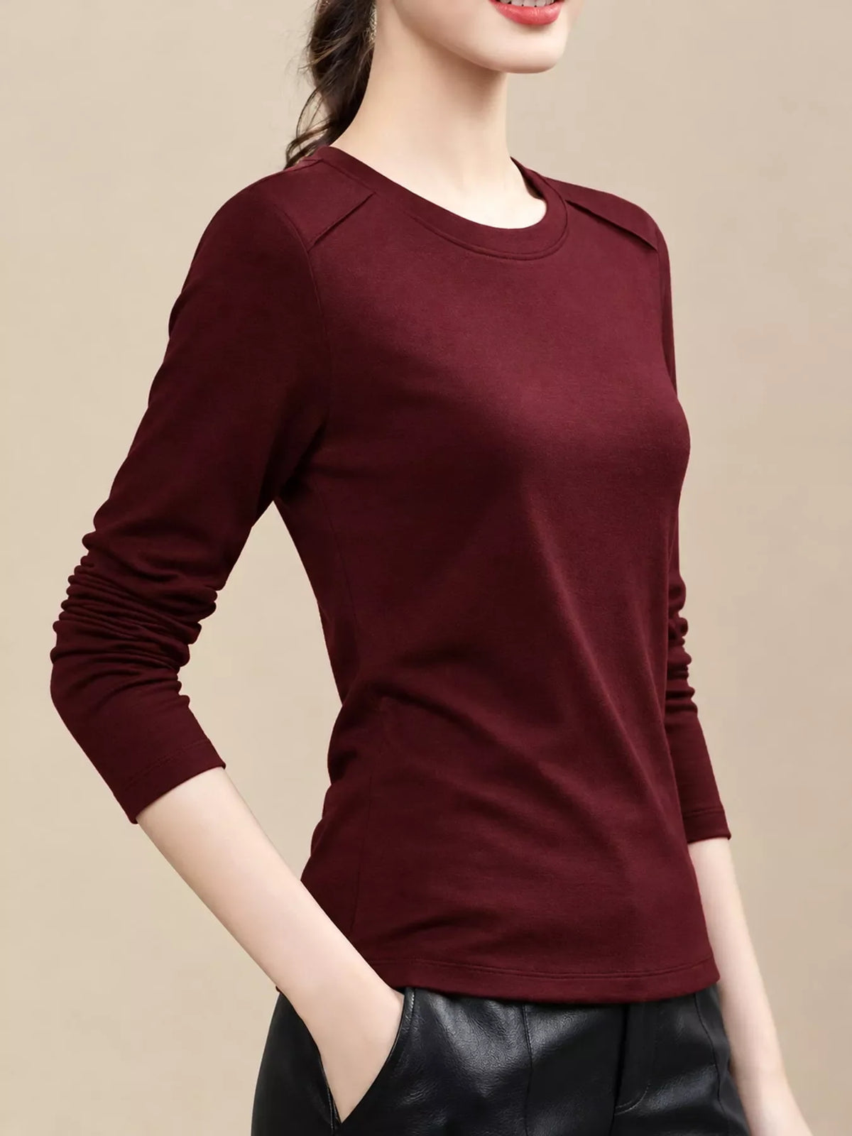 Plus Size Solid Long-Sleeve Crew Neck T-Shirt