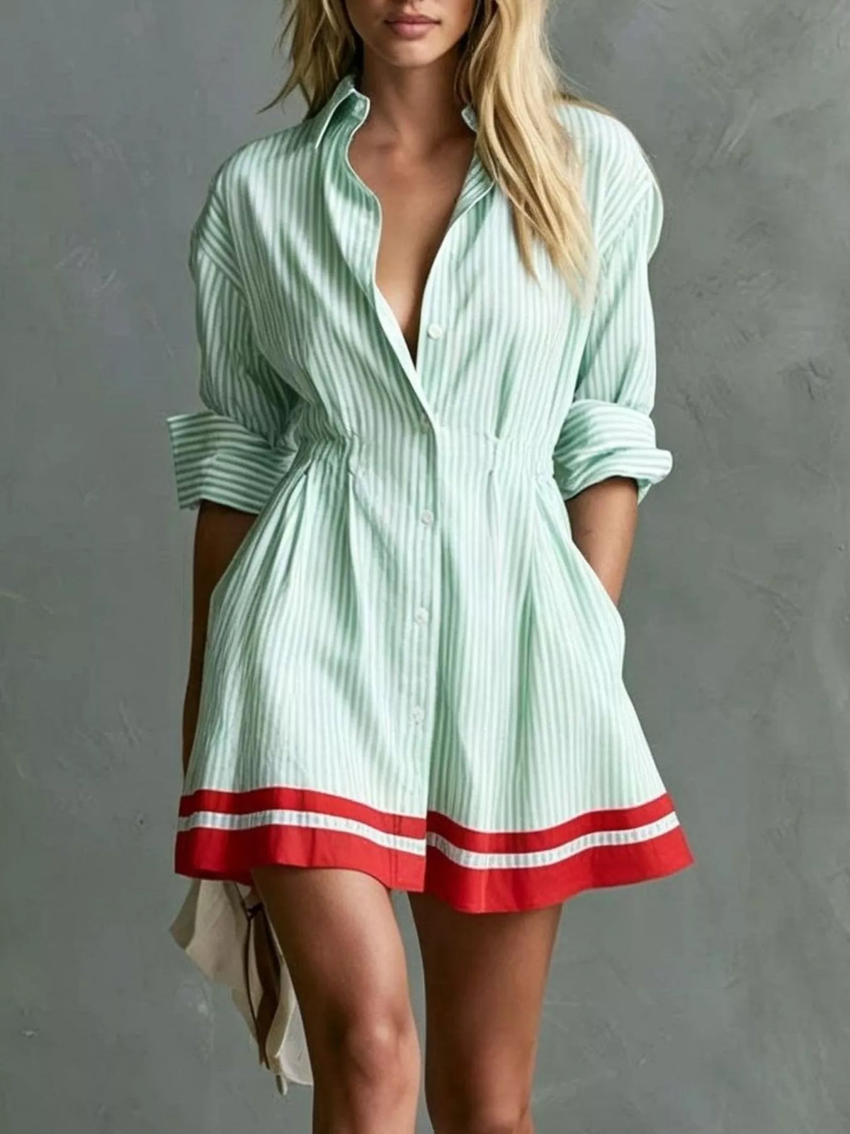 Striped Button-Down Shirt Dress with Contrast Hem