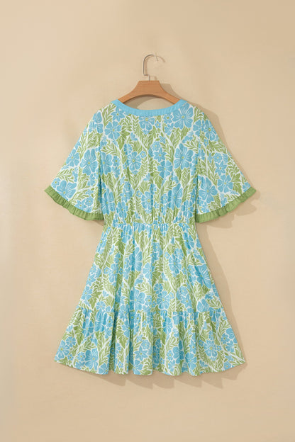Sky Blue Floral Print High Waist Ruffle Short Sleeve Mini Dress