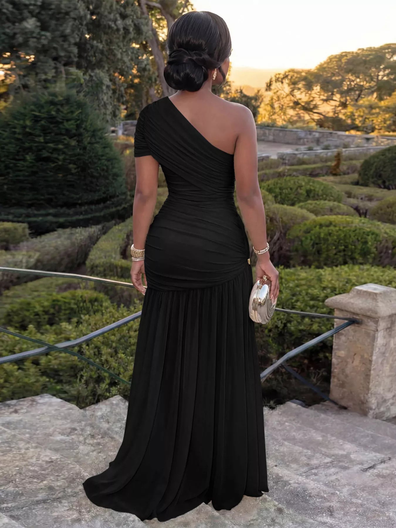 Kaia's One-Shoulder Ruched High-Slit Evening Floor-Length Dress